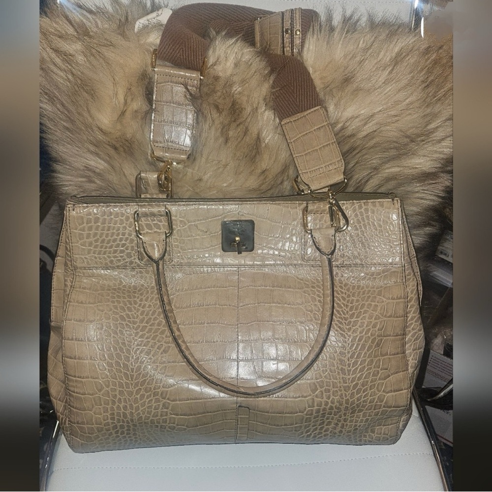 MCM Crocodile-Embossed Satchel in Taupe
